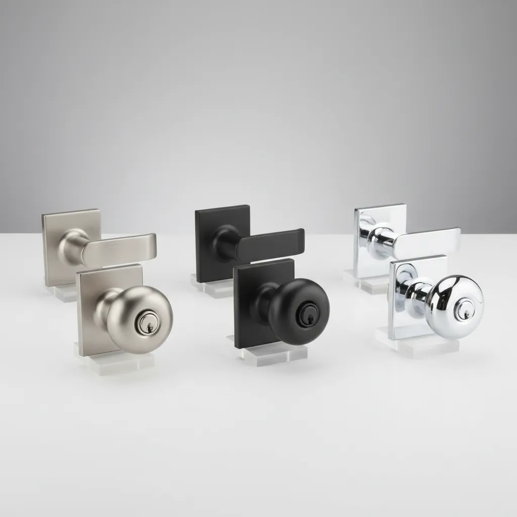 Different bathroom privacy lock styles and finishes on display