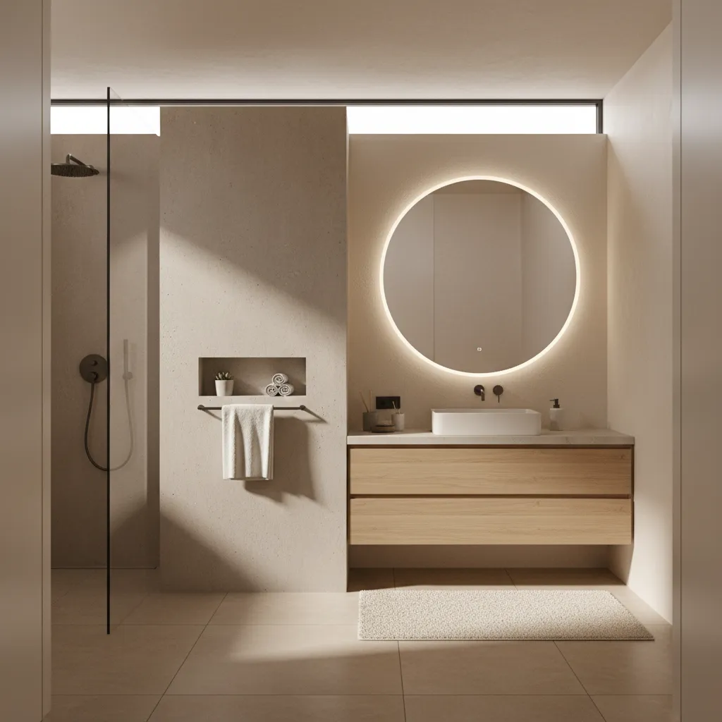 Bathroom layout with partial privacy wall blocking view of toilet from door