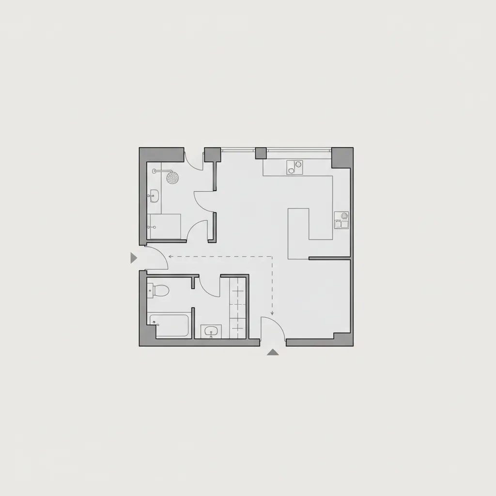 Floor plan diagram showing bathroom relocation away from entrance