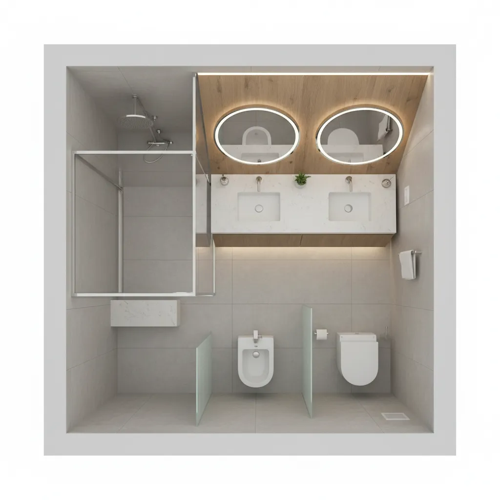 3d bathroom layout render showing shower vanity and toilet arrangement