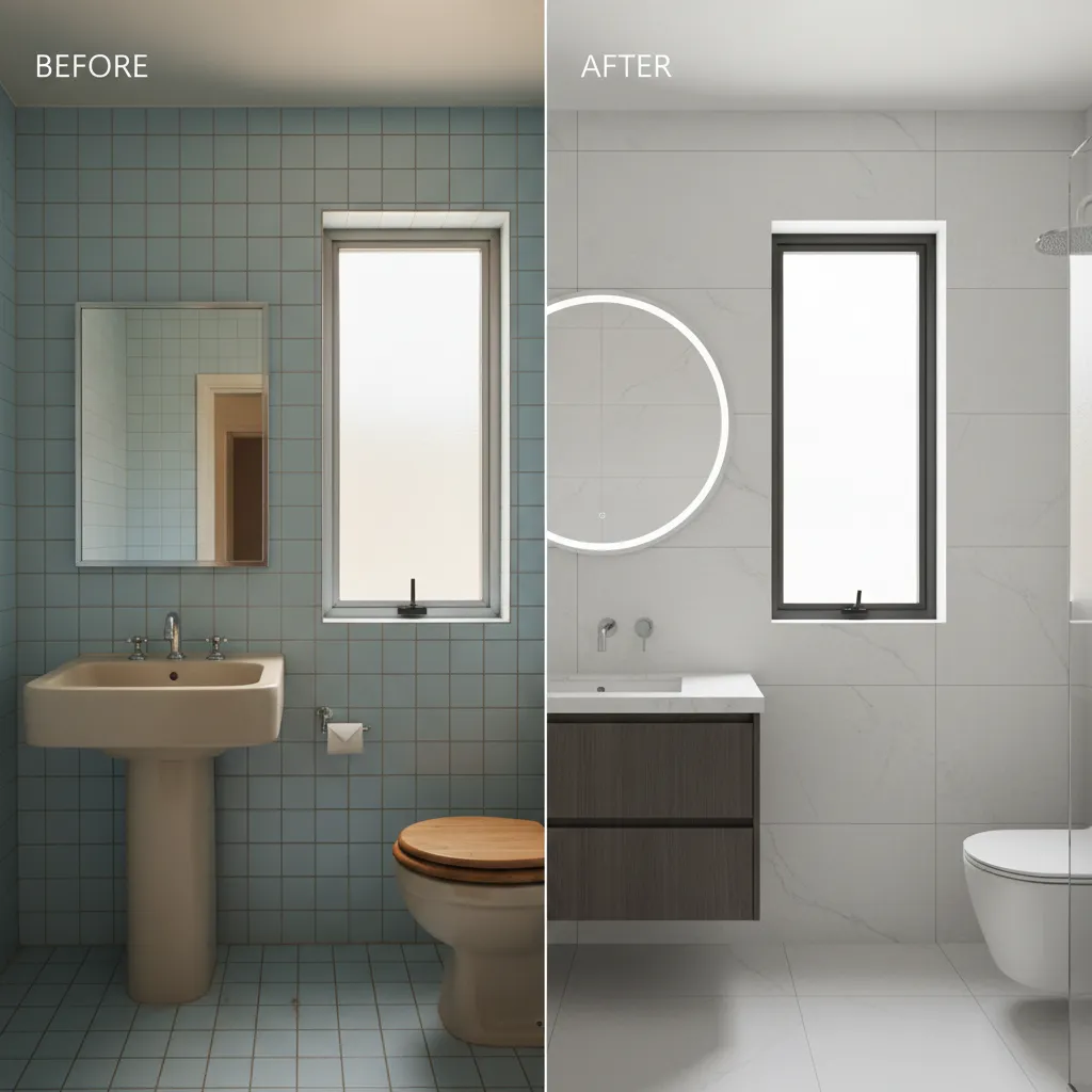 Before and after comparison of a budget bathroom renovation