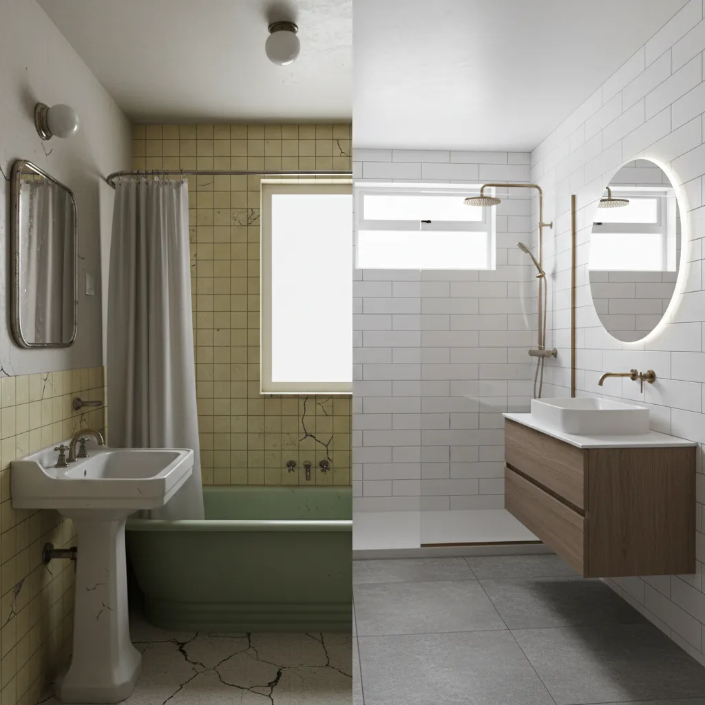 Split view of outdated bathroom and modern remodeled bathroom