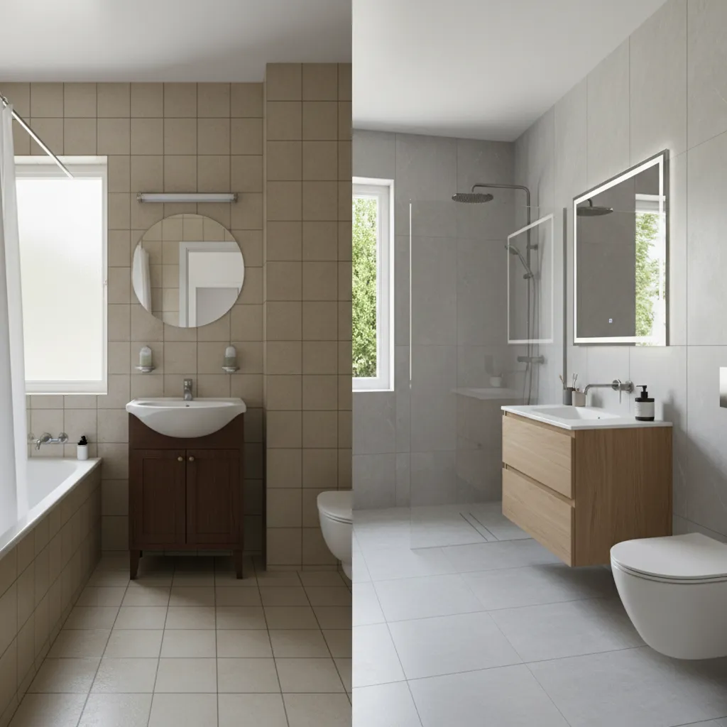 Side by side comparison of outdated bathroom and renovated modern bathroom