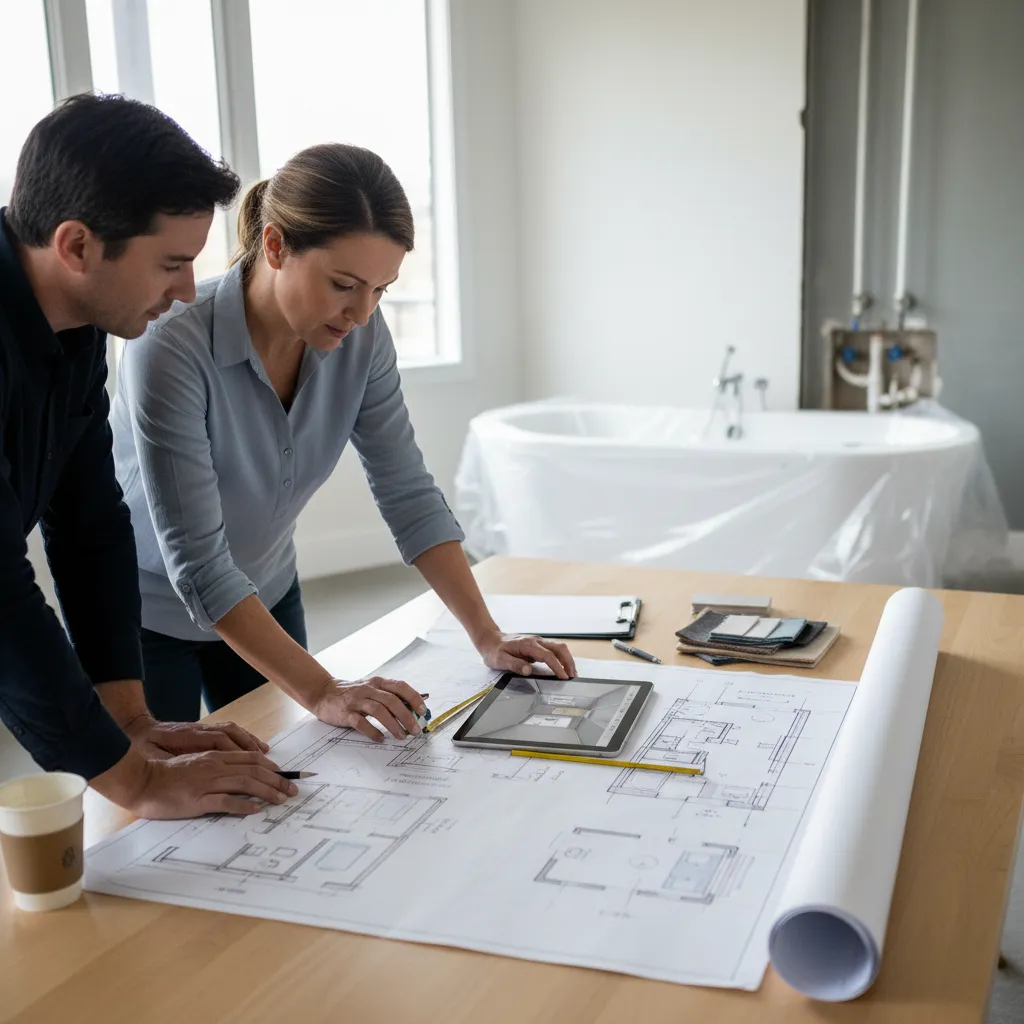 Homeowner reviewing bathroom layout plans before starting renovation