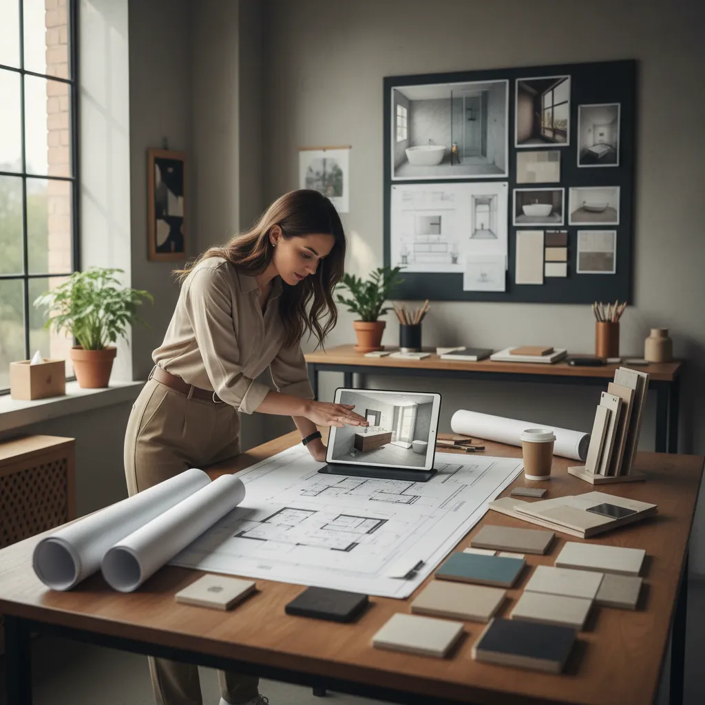 bathroom renovation planning scene with design layout and materials