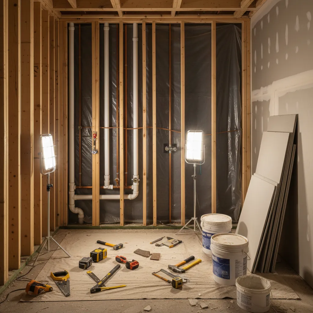 Bathroom renovation during plumbing and wall construction phase