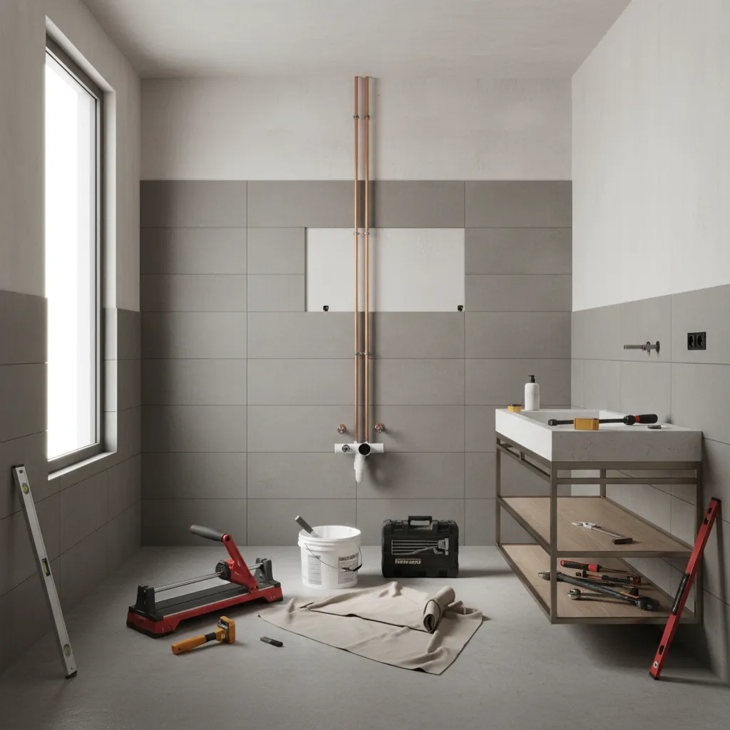 Bathroom renovation construction progress showing tile installation stage