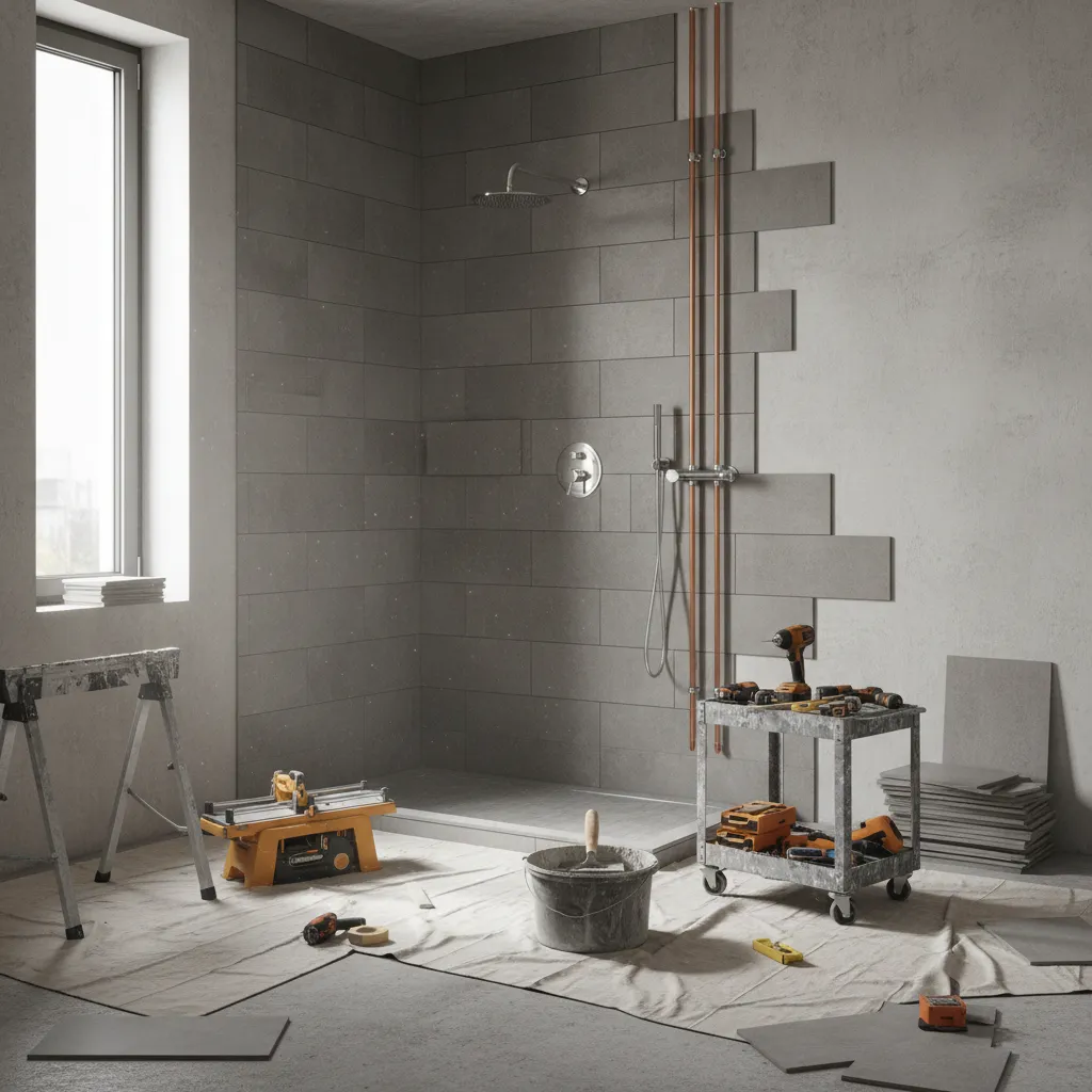 Bathroom remodel in progress showing tile installation and plumbing