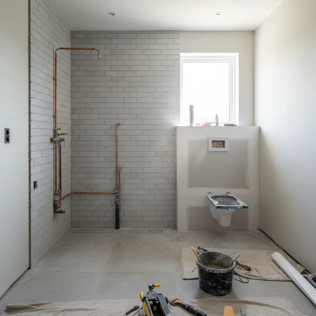 Bathroom renovation in progress with plumbing and tile installation