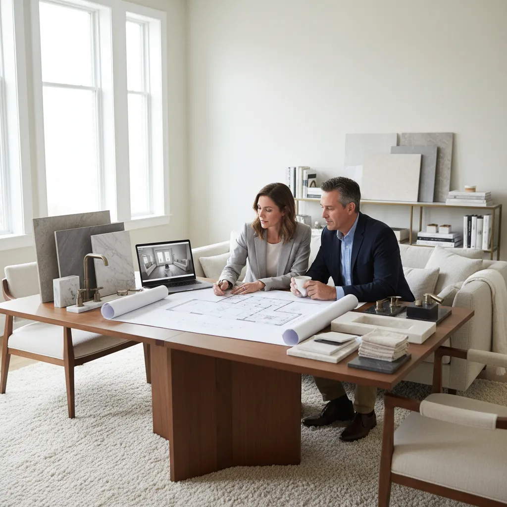 bathroom renovation consultation with designer reviewing layout plans