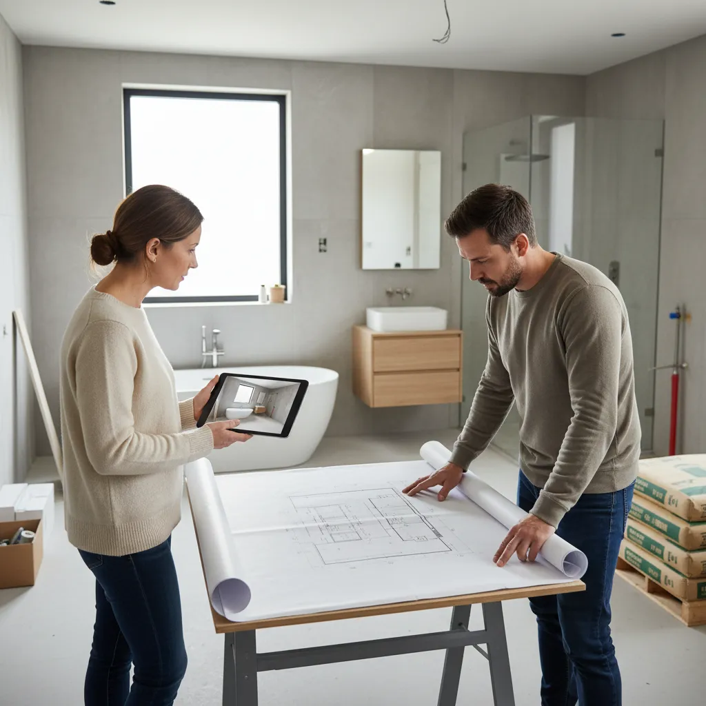 homeowner meeting contractor reviewing bathroom remodel plans