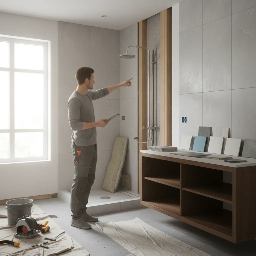 contractor inspecting unfinished bathroom remodel with homeowner