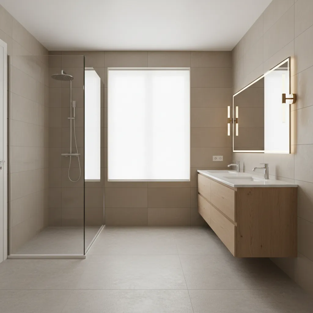 modern bathroom interior showing major renovation elements such as vanity shower tile and lighting