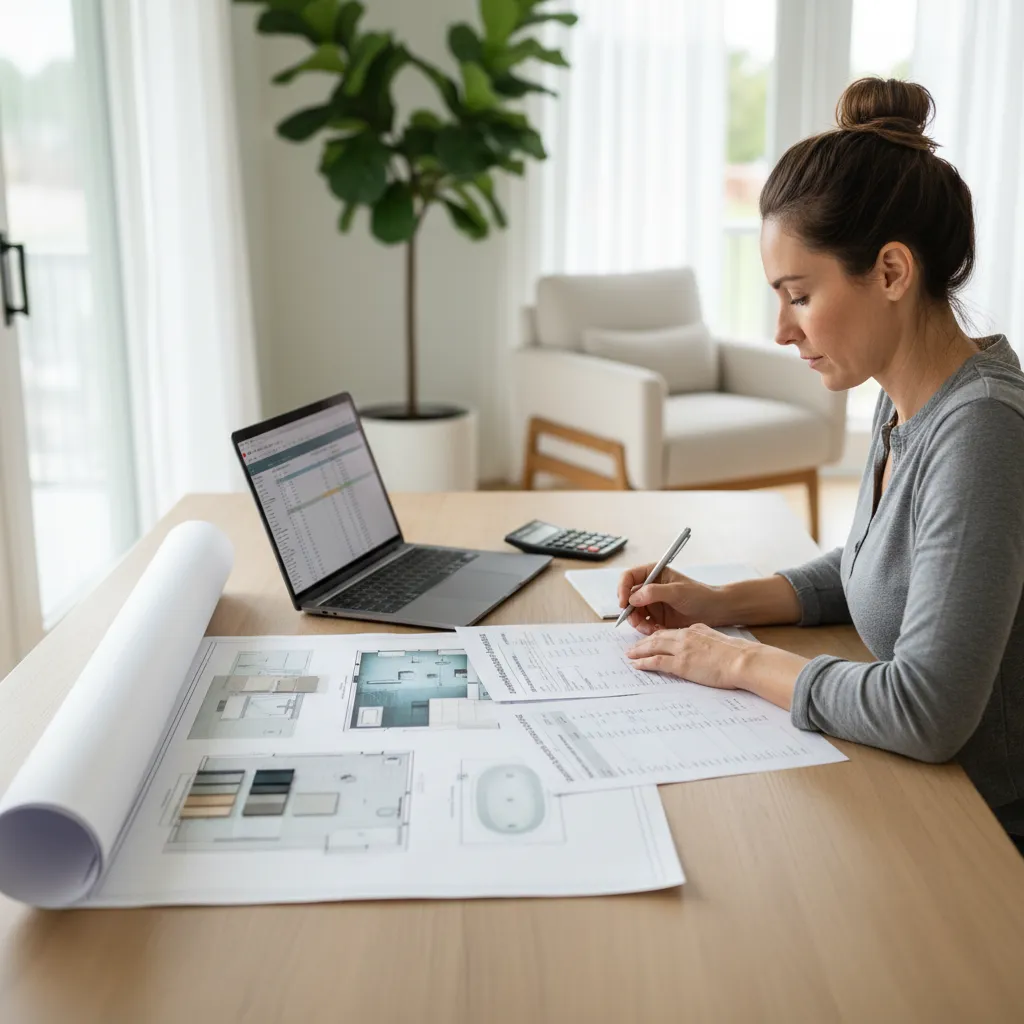 homeowner reviewing contractor estimate for bathroom remodel with plans
