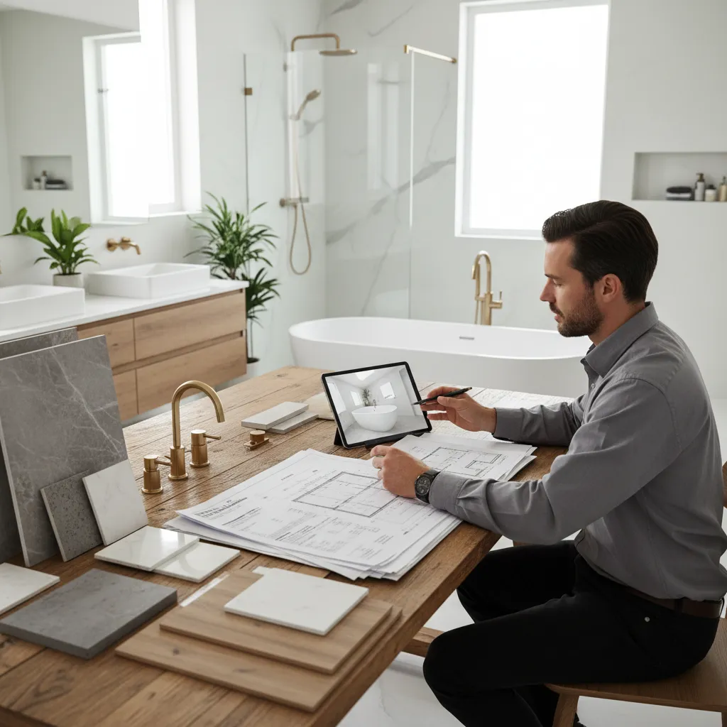 Contractor reviewing bathroom renovation budget and materials list
