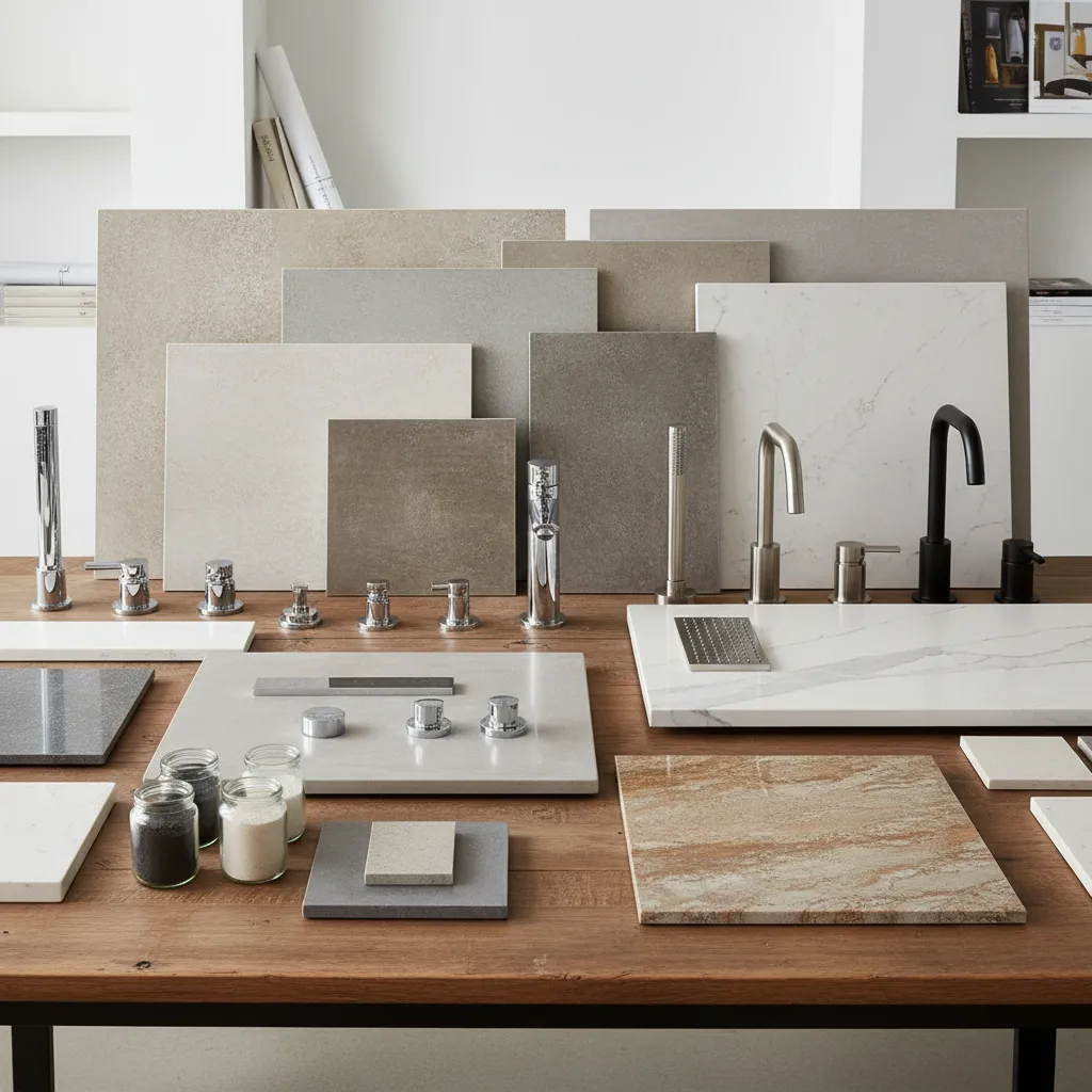 bathroom remodeling materials including tiles fixtures and samples