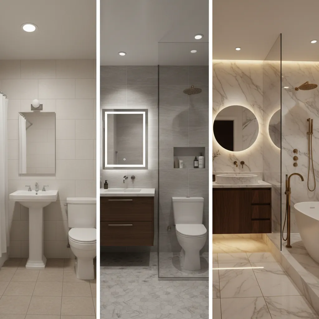 visual comparison layout of basic midrange and luxury bathroom remodel styles