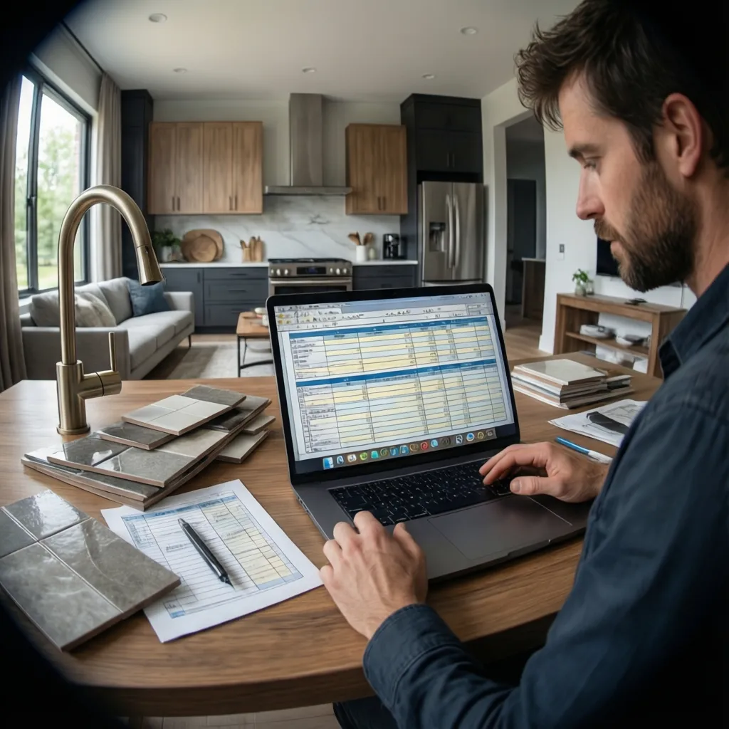 Homeowner tracking bathroom renovation costs on laptop with material samples