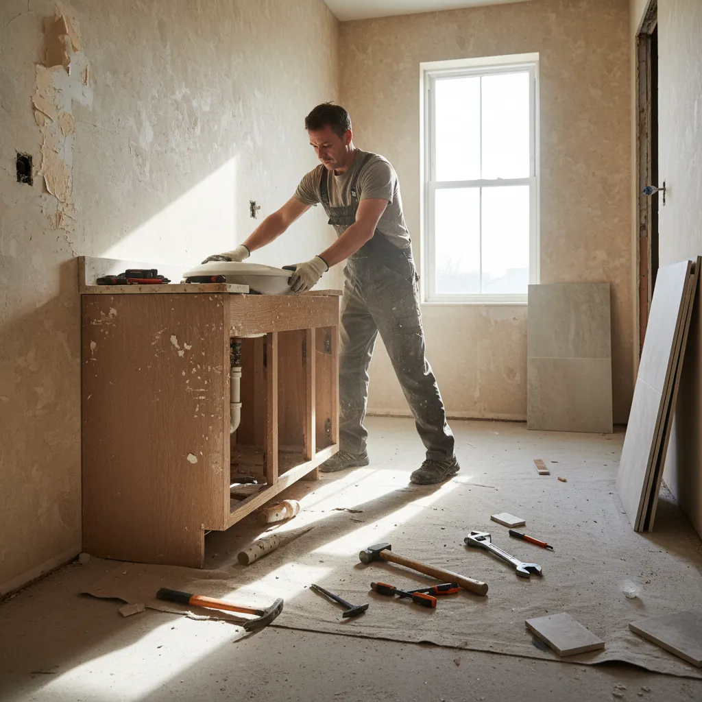 Homeowner removing old bathroom vanity during DIY demolition