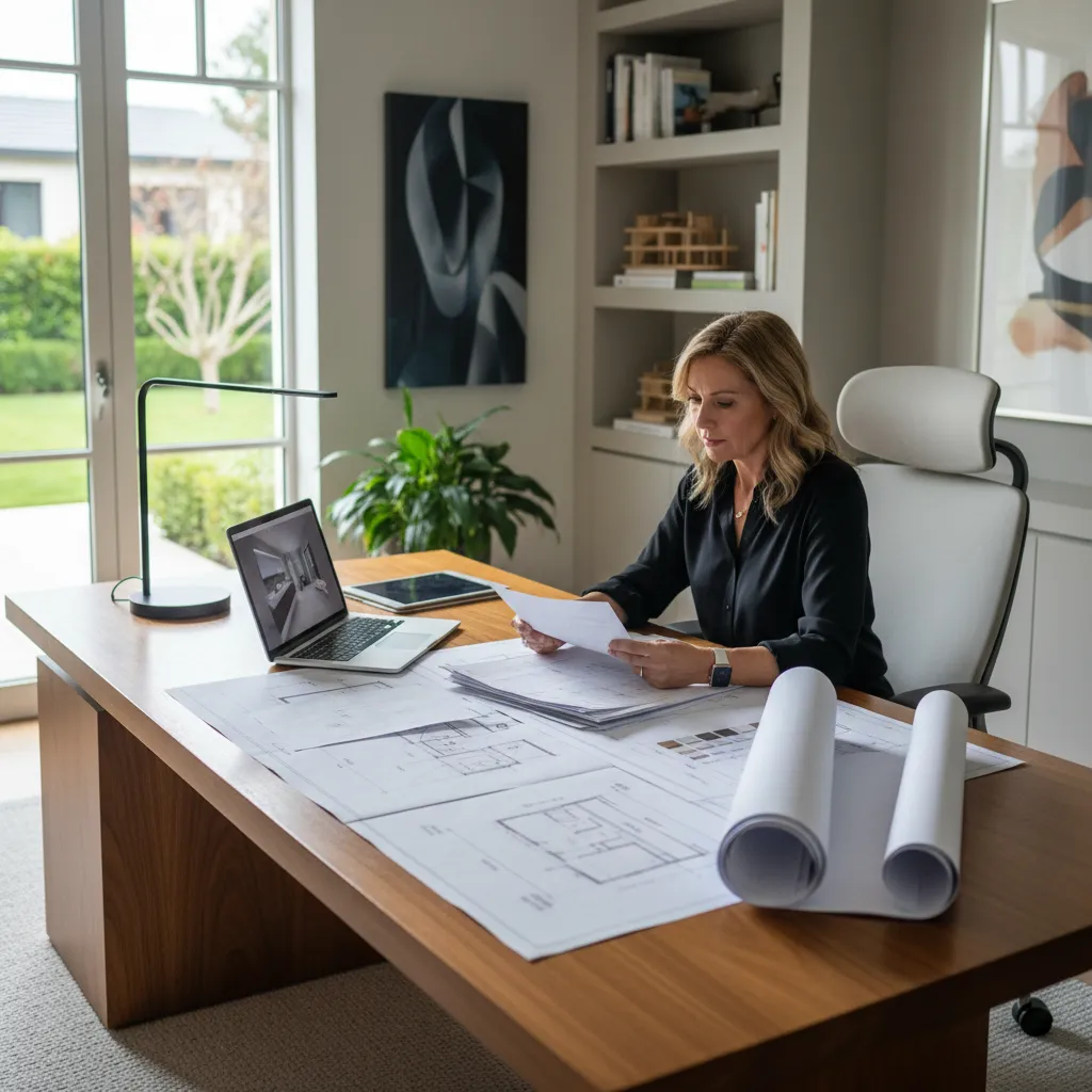 Homeowner reviewing bathroom renovation paperwork and contractor invoices