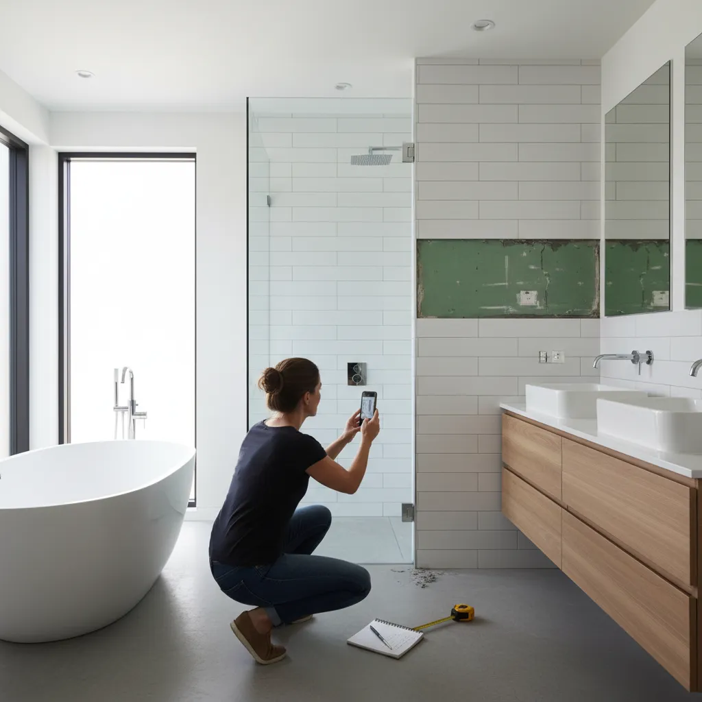 Homeowner documenting bathroom remodeling issue with photos