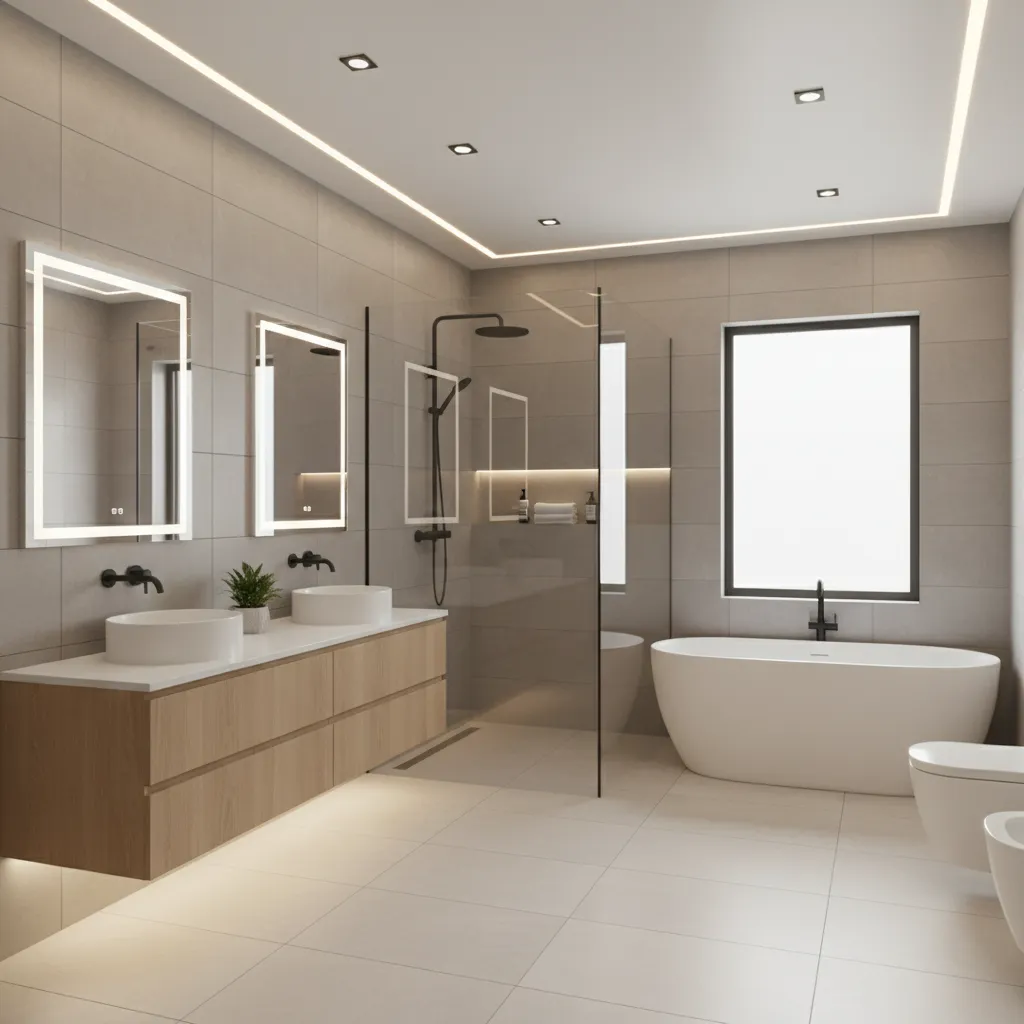 Home renovation showing expanded 9x14 master bathroom with glass shower and double vanity