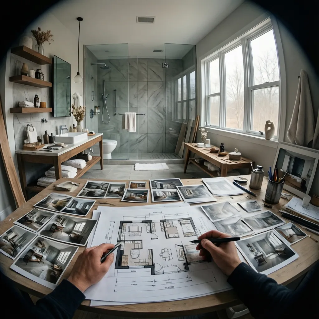 Homeowner reviewing bathroom renovation inspiration and layout sketches