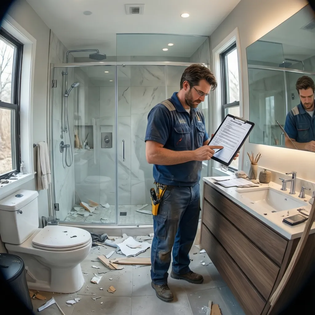 contractor inspecting completed bathroom renovation checklist