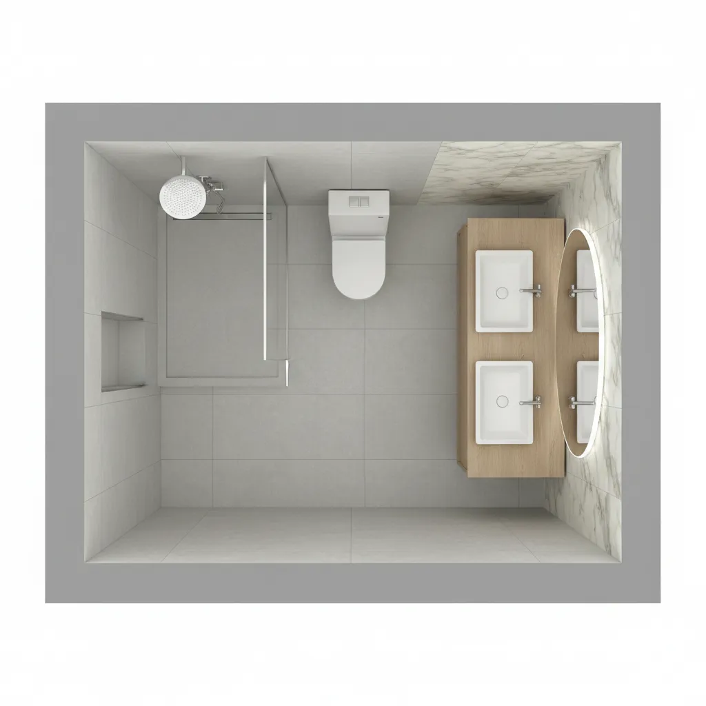 3D bathroom layout plan showing shower toilet and sink placement