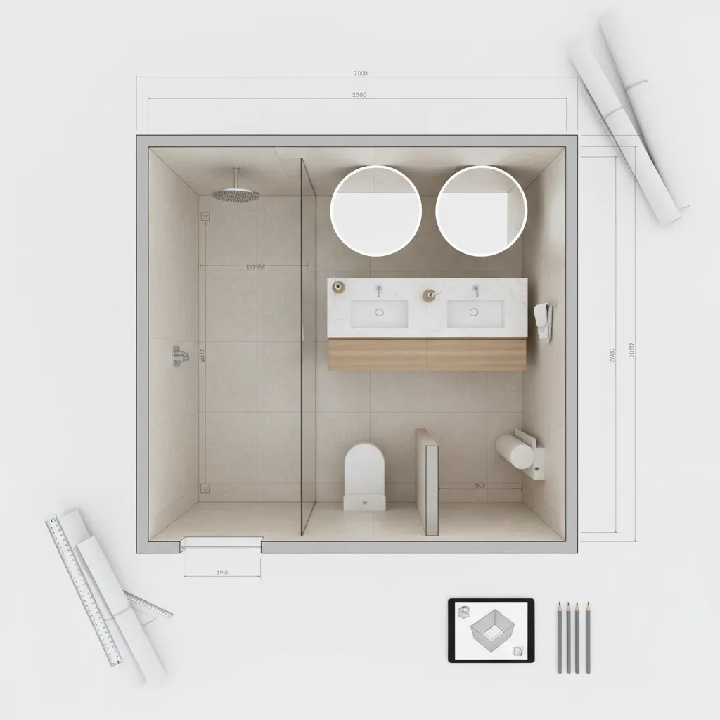 Bathroom layout planning showing vanity shower and toilet placement