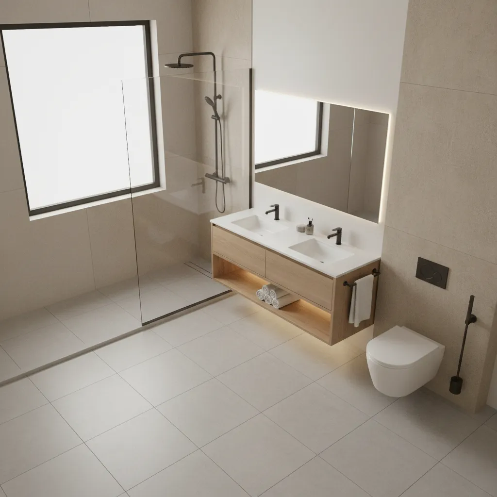 3D visualization of a bathroom remodel layout with shower vanity and accessibility features