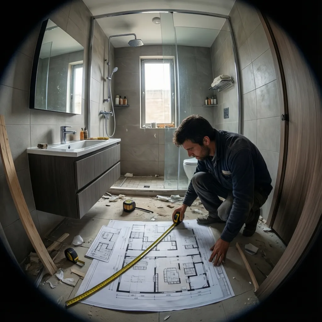 Contractor measuring bathroom layout during remodeling estimate