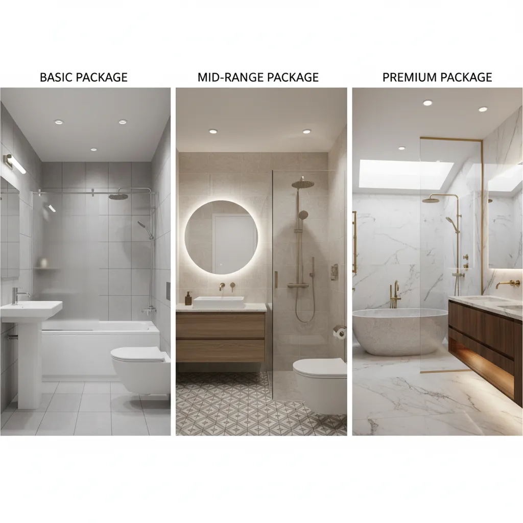 three modern bathroom renovation styles showing basic mid range and premium design differences