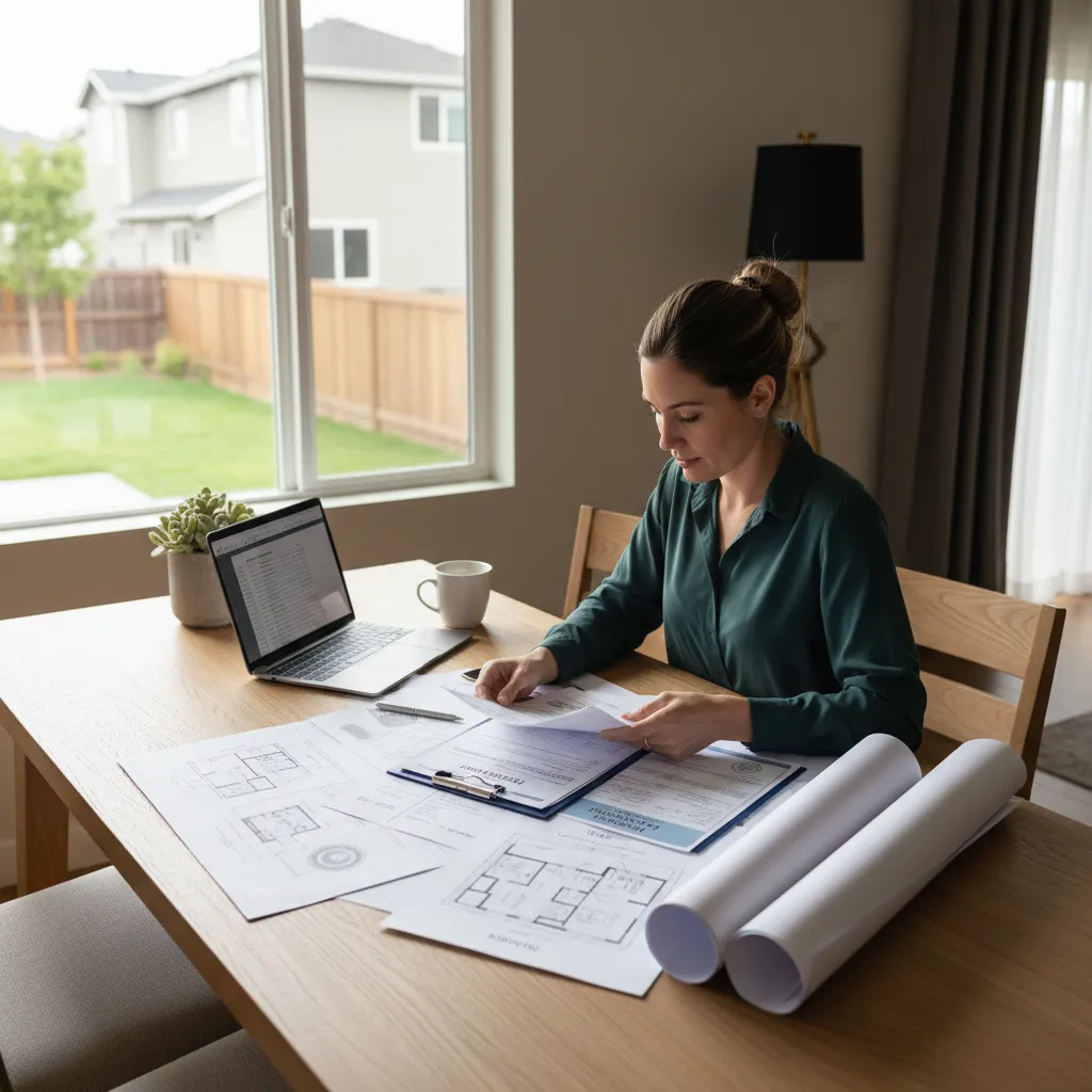 homeowner reviewing income documents and contractor paperwork for renovation grant