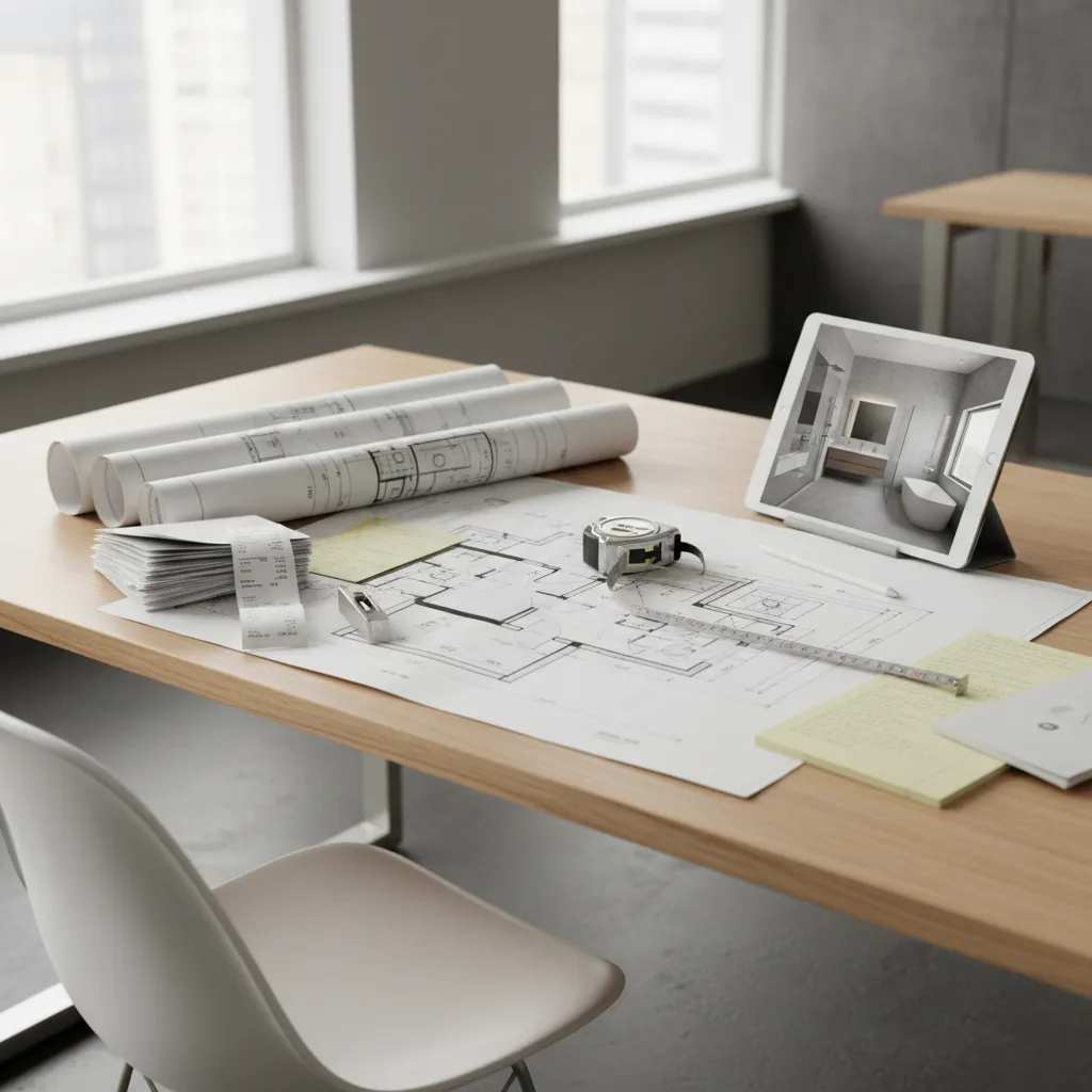 bathroom renovation plans with receipts and contractor notes on desk