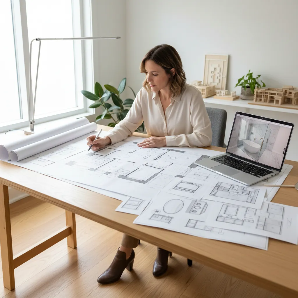 Homeowner reviewing bathroom renovation layout and planning upgrades