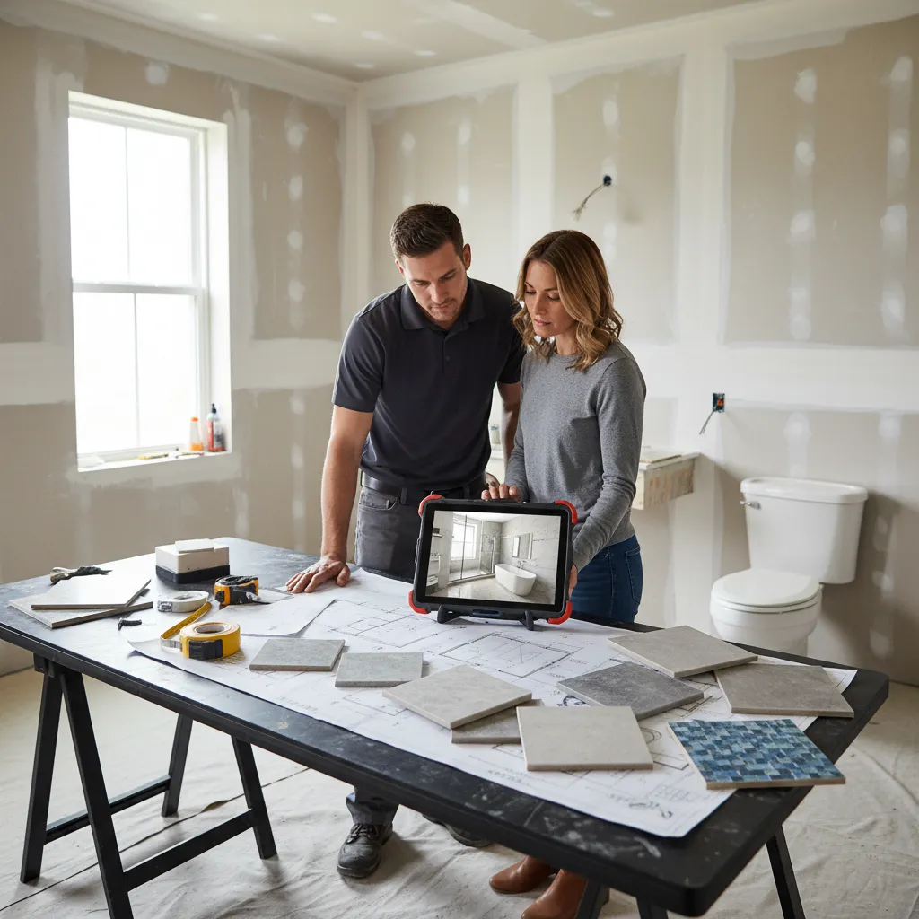 homeowner discussing bathroom remodeling plans with contractor