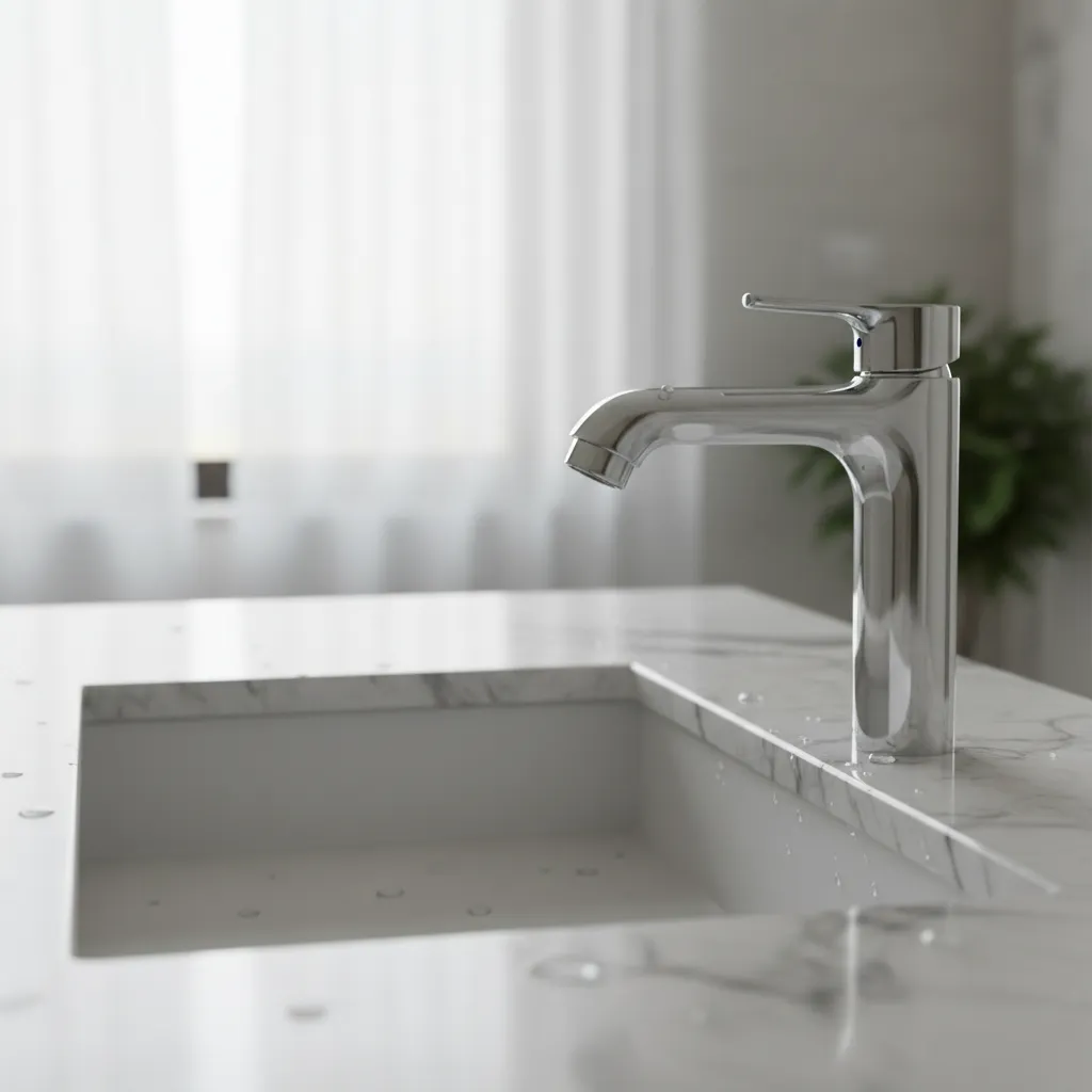 Close up of chrome water tap on marble sink with water drops and bright window