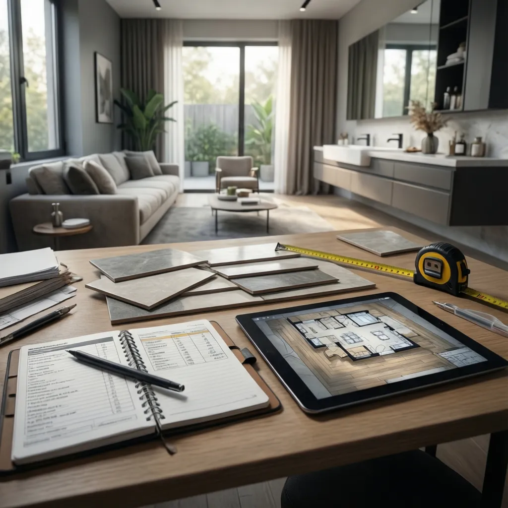 Homeowner planning bathroom remodel budget with tile samples and sketches