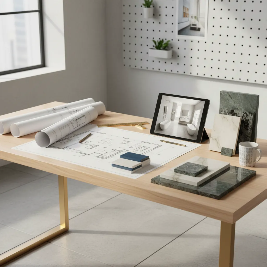 designer reviewing bathroom renovation plans and cost estimates