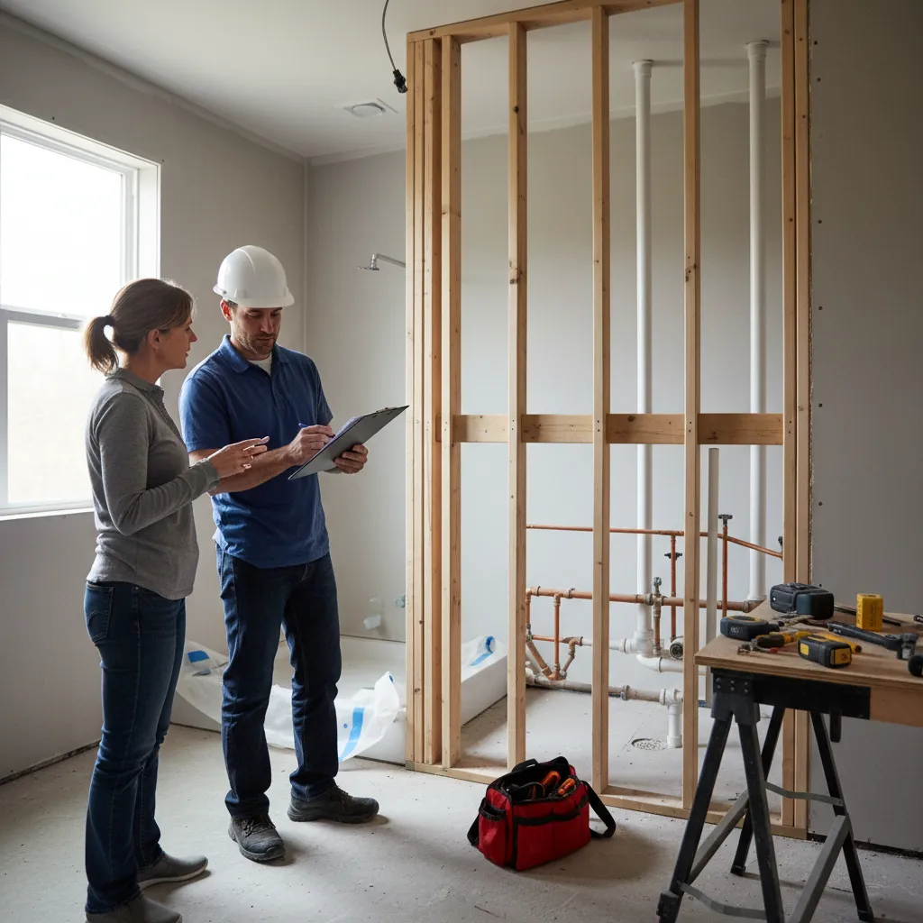 Contractor and homeowner reviewing renovation change order paperwork in a partially renovated bathroom