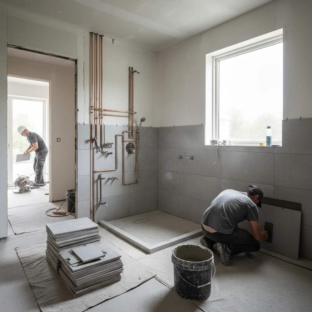 bathroom renovation construction stage showing plumbing and tile installation