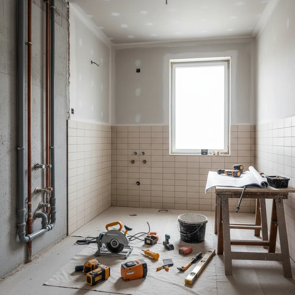 bathroom under renovation showing plumbing and tile installation preparation