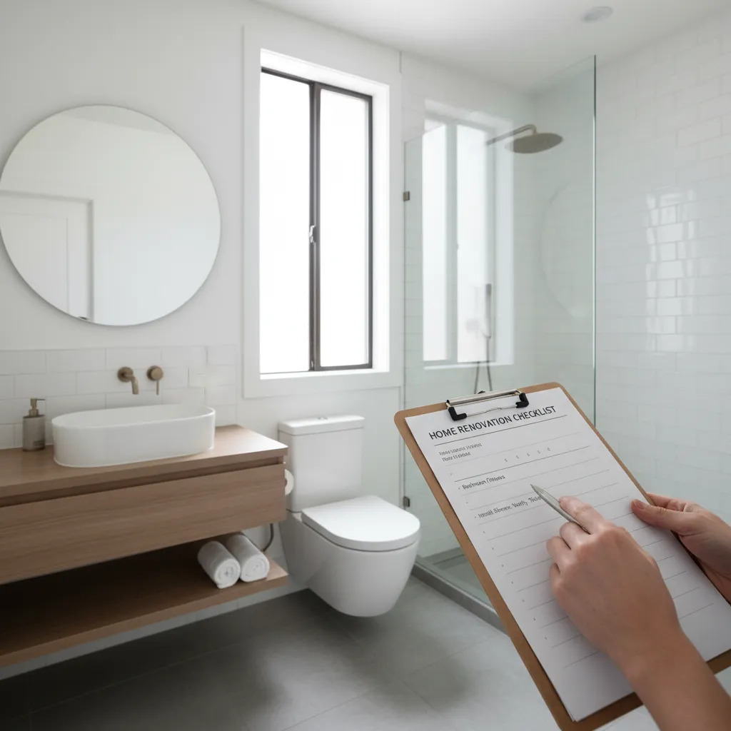 Homeowner checking renovation contract checklist on clipboard