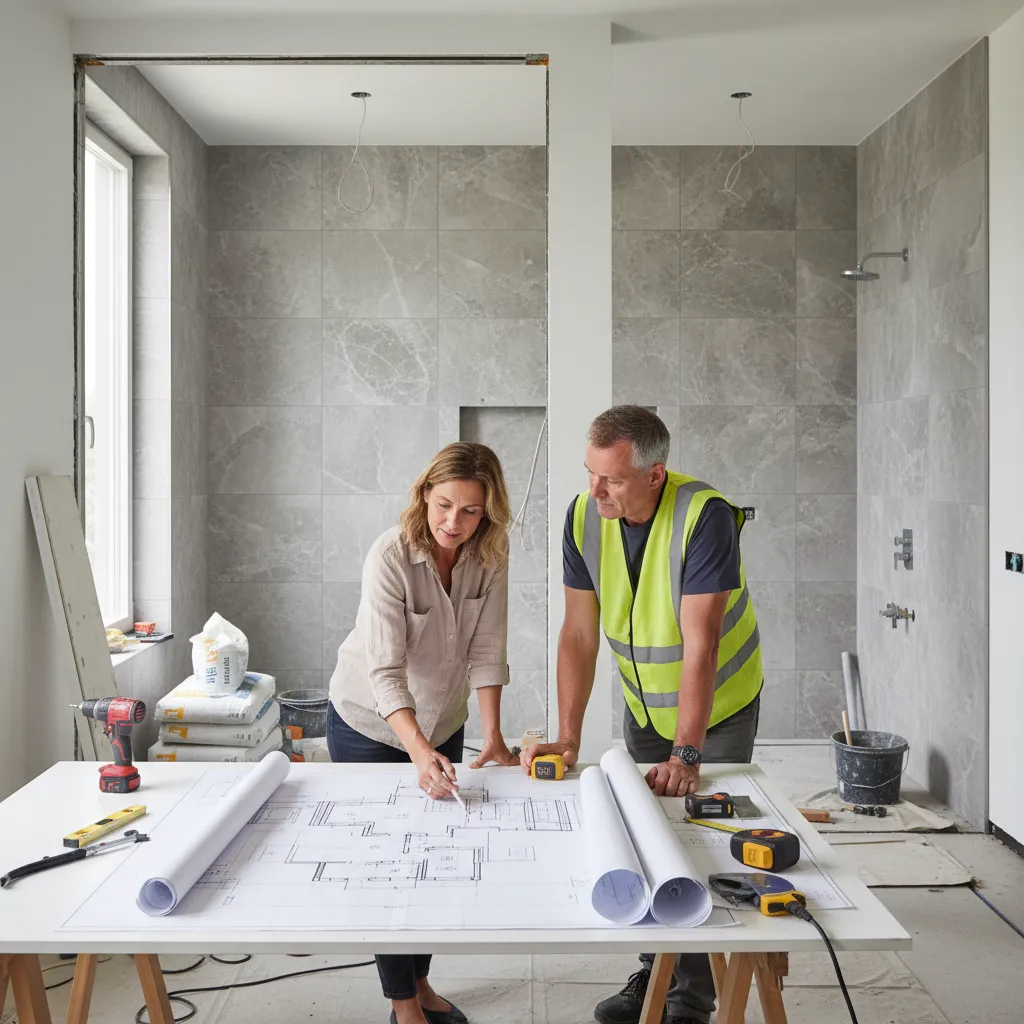 Homeowner and contractor discussing bathroom renovation plans with drawings