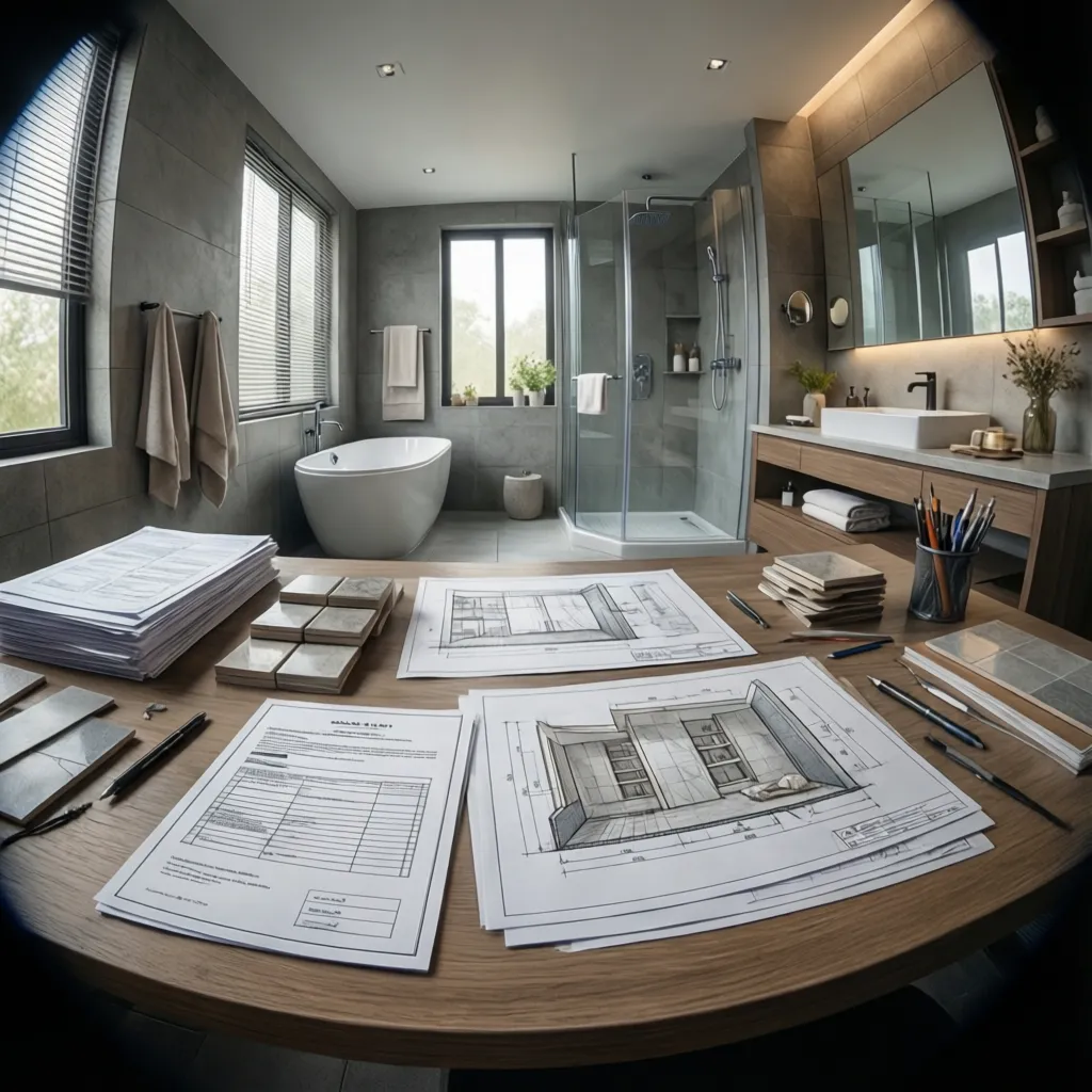 Bathroom renovation planning with contract documents and tile samples