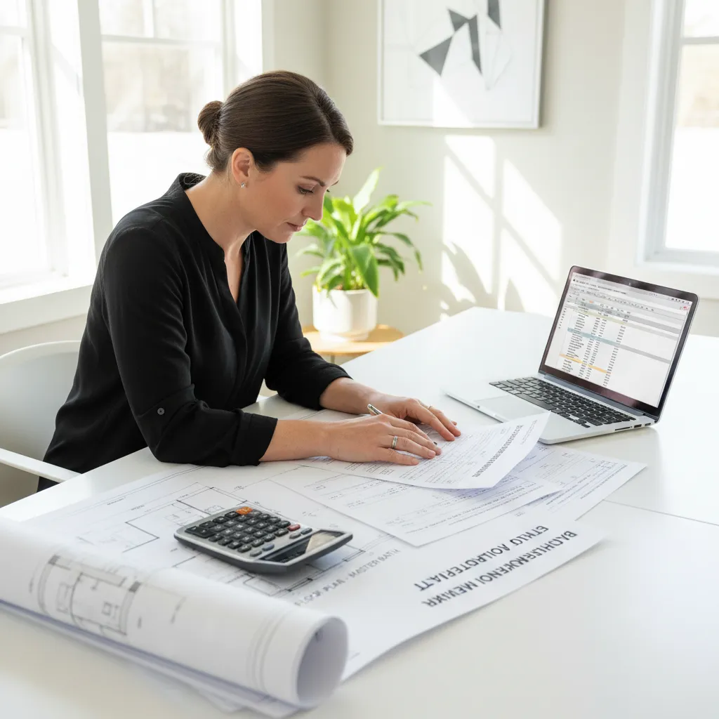 homeowner reviewing contractor estimate and renovation documents for bathroom remodel