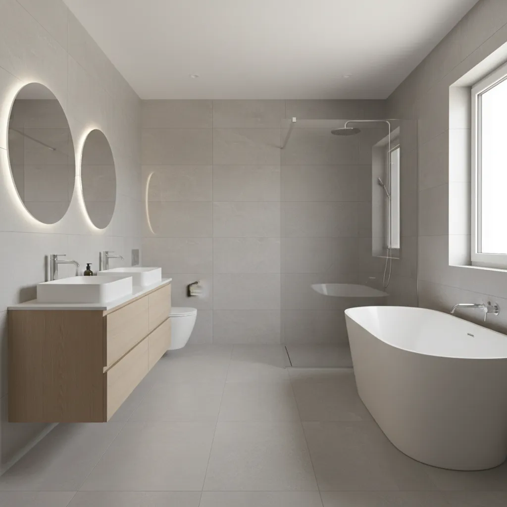 Clean modern bathroom renovation with glass shower and vanity