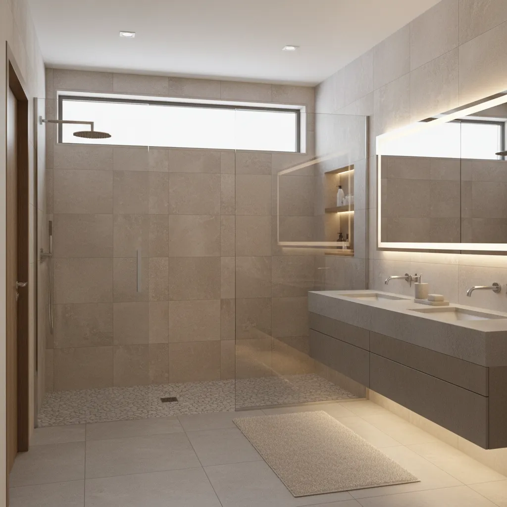 Modern bathroom renovation with walk in shower and vanity