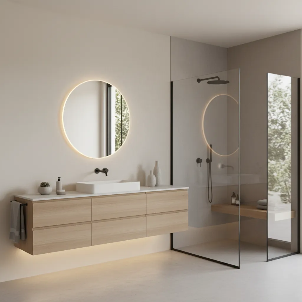 modern bathroom renovation concept rendering with shower vanity and lighting